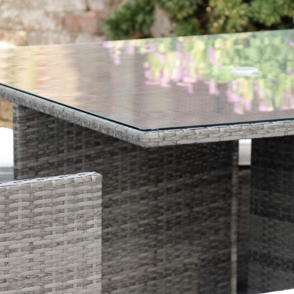 Harts Premium Rattan Dining Set, Cube 8 Seats Garden Patio Conservatory Furniture inc Rain Cover & Parasol (Grey Rattan)