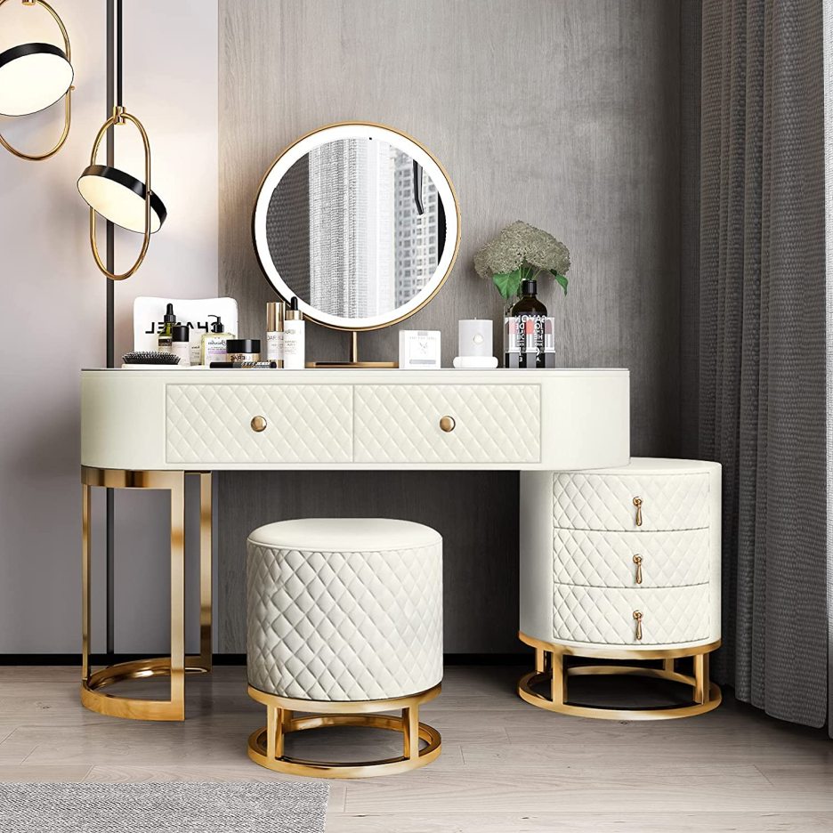 【Furniture】Dresser Table Vanity Makeup Table Set Makeup with 5 Drawers Dressing Table with Lighted Mirror