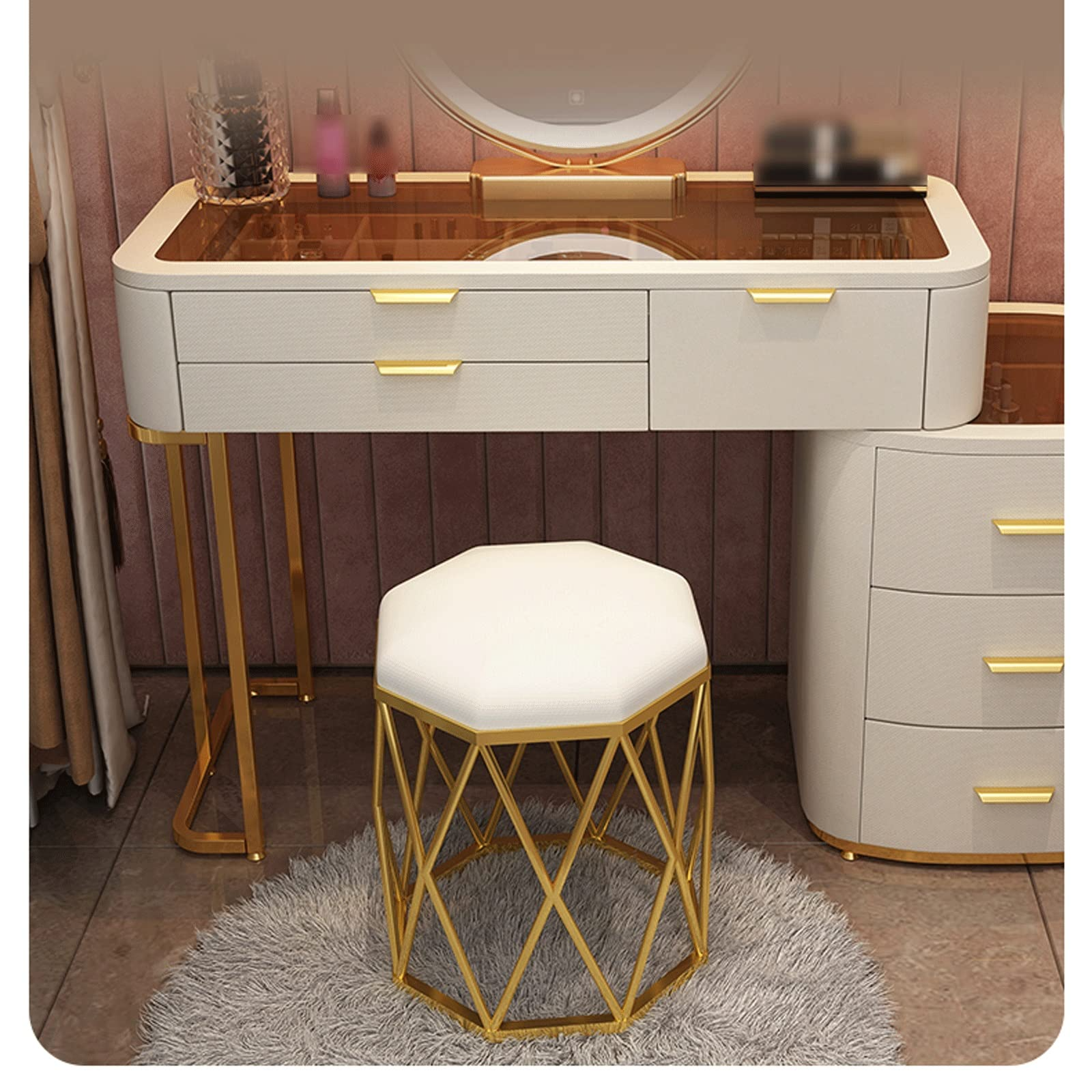 Vanity Desk with Mirror & Lights Glass Dressing Table Bedroom Dressing Storage Cabinet