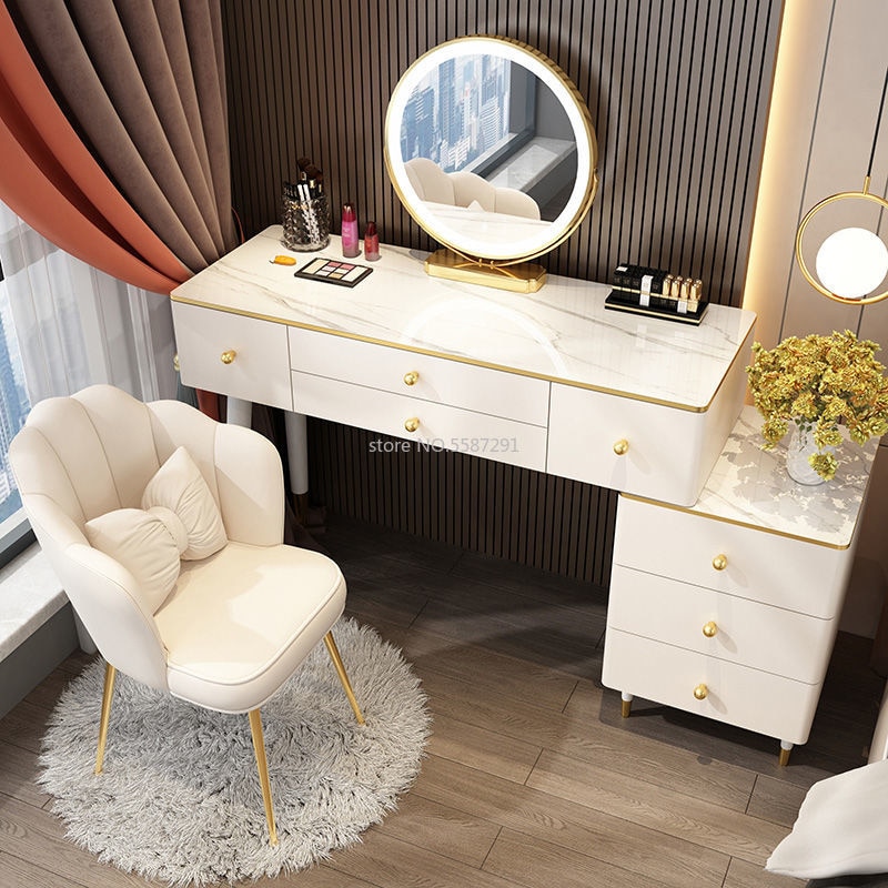 【Furniture】【BS】Nordic Dressing Table with Mirror, Stool & 3 Light Effect LED Mirrors, Golden Iron Dresser